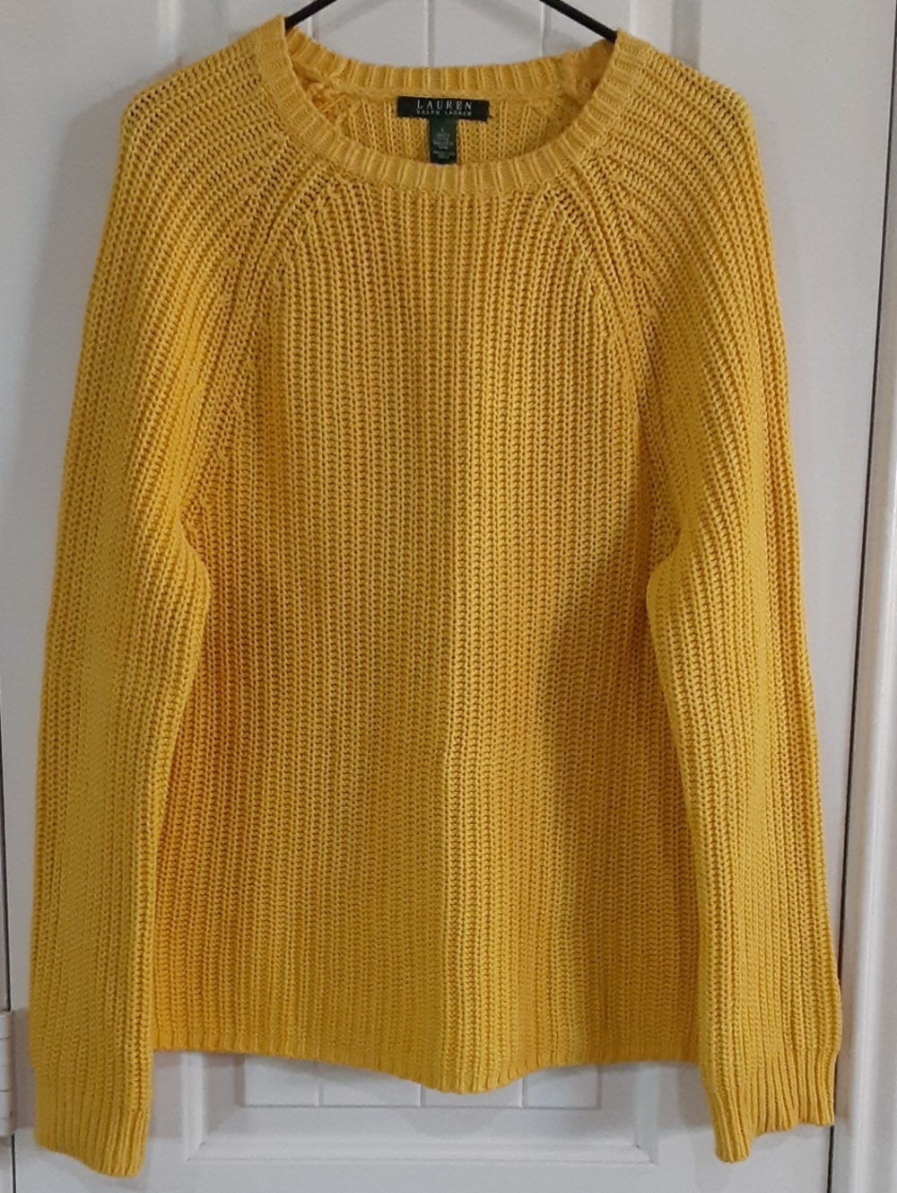 Lauren Ralph Lauren Yellow Shaker Knit Cotton Crewneck Raglan Sweater L EUC